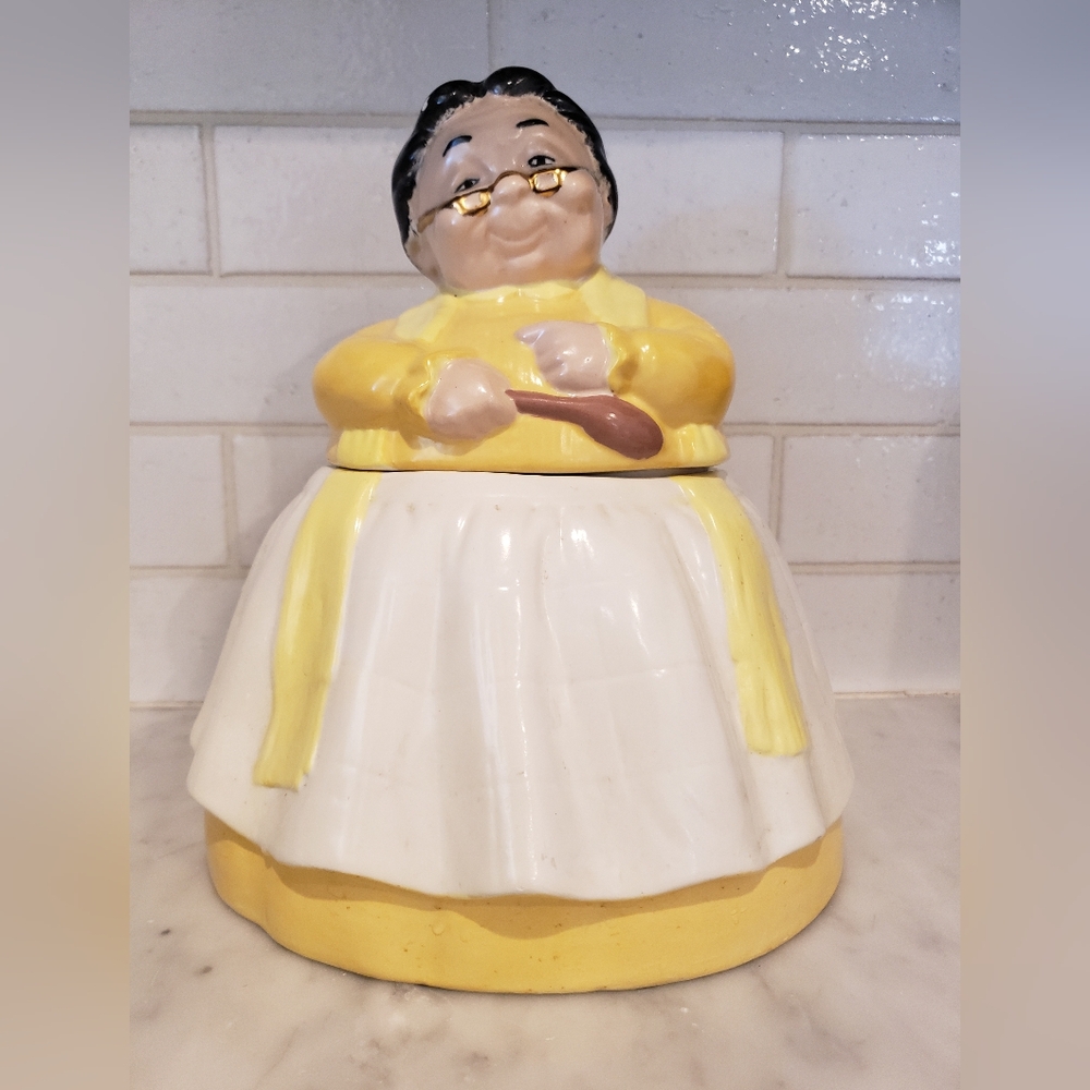 Vintage Grandmother in Yellow Dress Cookie Jar Canister Container Ceramic